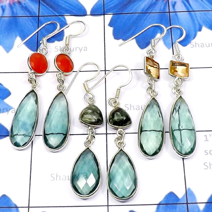 3 Pair Apatite F - BZE930-Beautiful Apatite Cut with Semiprecious Gemstone 925 Silv