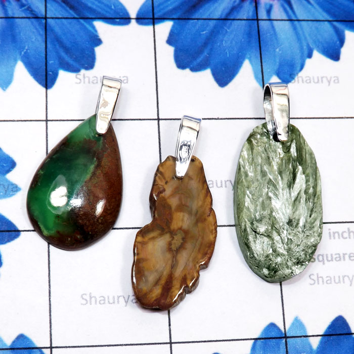 3 Pcs Chrysoprace, Petrified wood, n Seraphinite Rough A - SDP862-Semiprecious Rough Gemstone 925 Sterling Silver 3 Pcs Dri