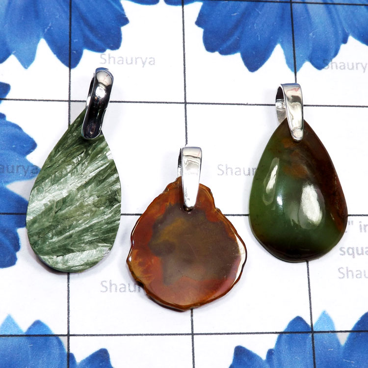 3 Pcs Chrysoprace, Petrified wood, n Seraphinite Rough D - SDP862-Semiprecious Rough Gemstone 925 Sterling Silver 3 Pcs Dri