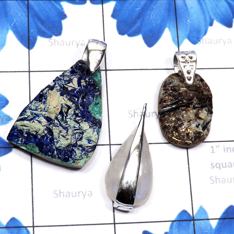 3 Pcs Azurite Druzy, Rainbow, Astrophyllite Rough I - SDP862-Semiprecious Rough Gemstone 925 Sterling Silver 3 Pcs Dri
