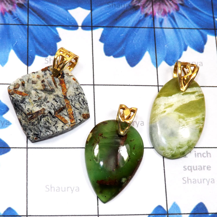 3 Pcs Green Pietersite, Astrophyllite Rough, n Chrysoprace B - SDP861-925 Sterling Silver Gold Plated Loop with Rough Gemstone