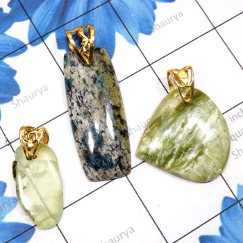 3 Pcs Green Pietersite, Prynite Slice, K2 Jasper C - SDP861-925 Sterling Silver Gold Plated Loop with Rough Gemstone