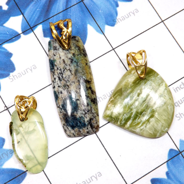 3 Pcs Green Pietersite, Prynite Slice, K2 Jasper C - SDP861-925 Sterling Silver Gold Plated Loop with Rough Gemstone
