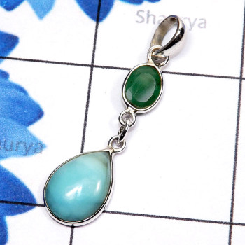 Blue Aragonite, Green Emerald Corundum A - SBA999-Blue Aragonite with Semiprecious Gemstone 925 Sterling Si
