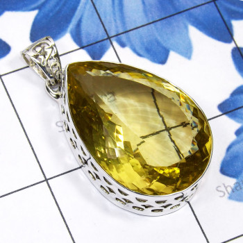 Lemon Quartz B - SD704-Handmade Wholesale Silver Faceted Lemon Quartz Big Pendant