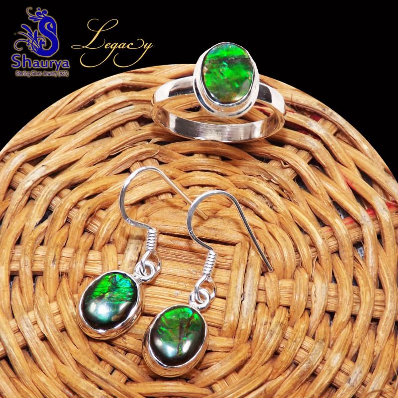 2 Pcs Ammolite Set B - ALG979-Ammolite Gemstone 925 Sterling Silver Earring with Ring,
