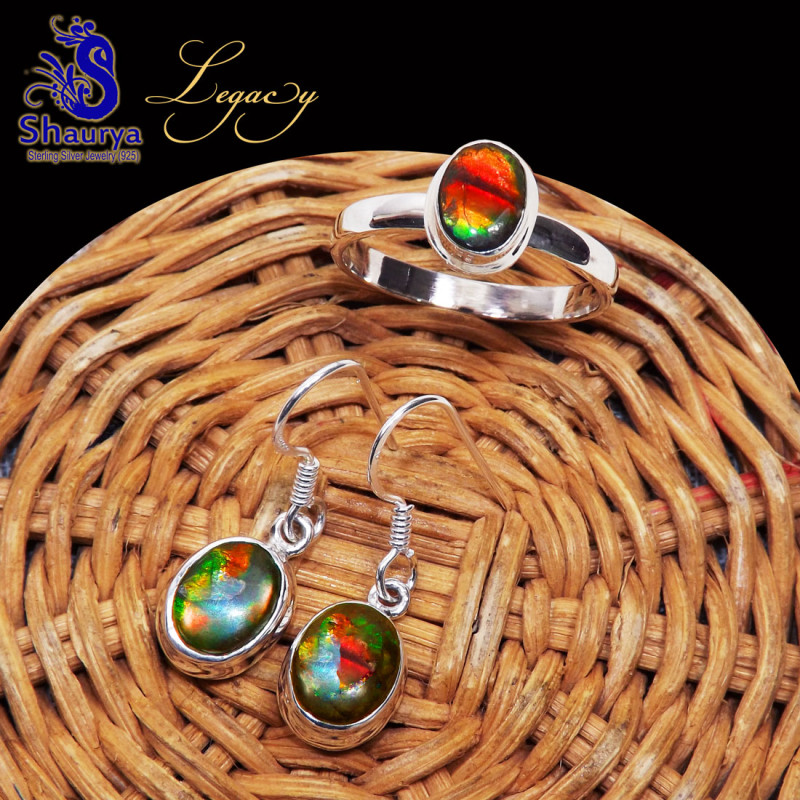 2 Pcs Ammolite Set C - ALG979-Ammolite Gemstone 925 Sterling Silver Earring with Ring,