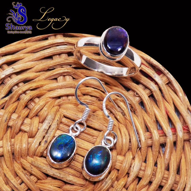 2 Pcs Ammolite Set D - ALG979-Ammolite Gemstone 925 Sterling Silver Earring with Ring,