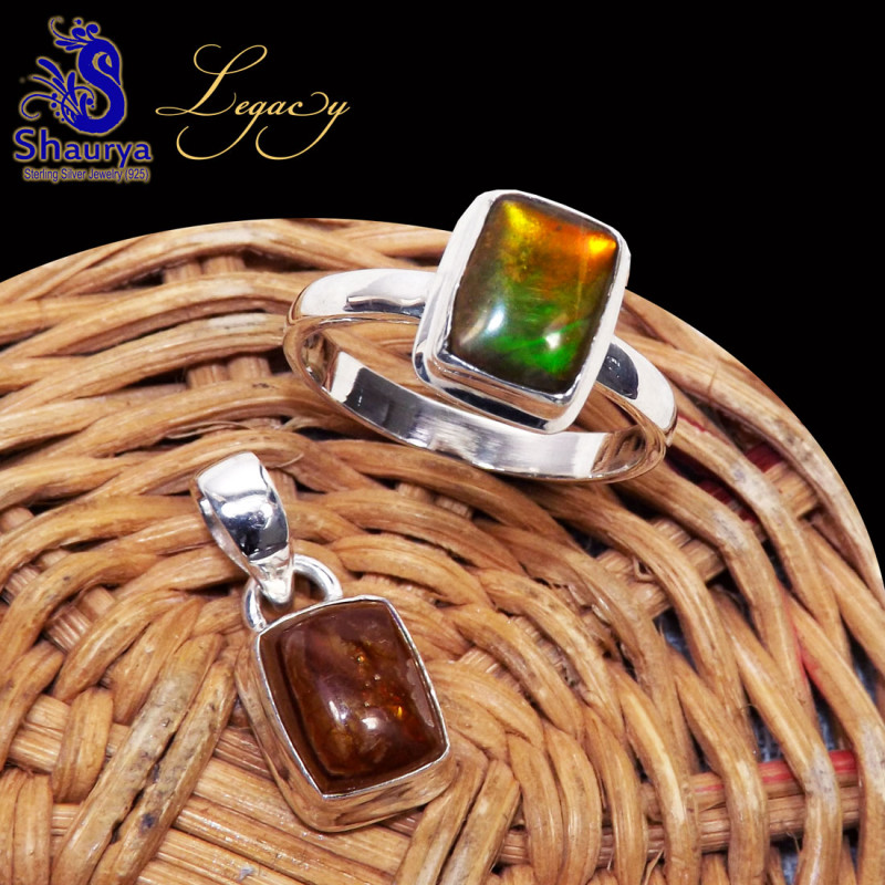 2 Pcs Ammolite Set F - ALG979-Ammolite Gemstone 925 Sterling Silver Earring with Ring,