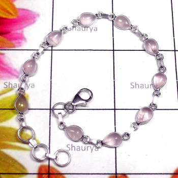 Rose quartz cab H - SBB998-Multi Gemstone Sterling Silver Bejal Bracelet