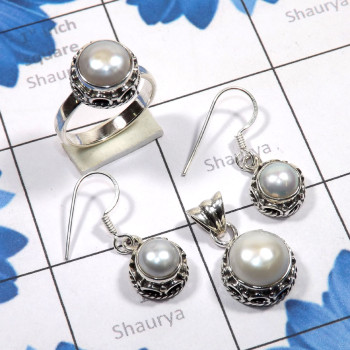 3 Pcs Pearl Set B - PPS999-Natural Pearl Earring, Pendant, Ring 925 Sterling Silver 