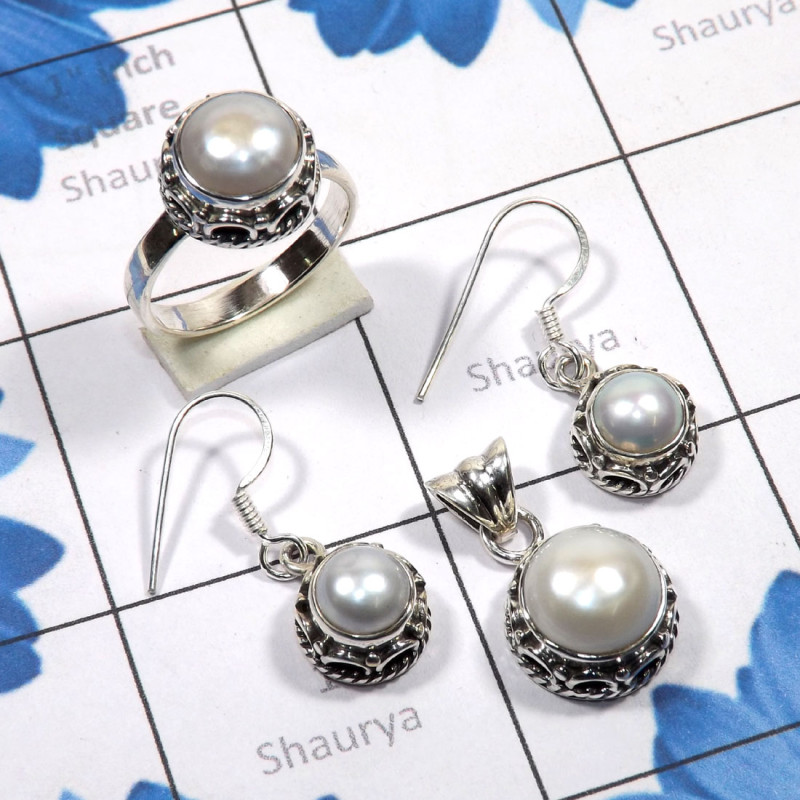 3 Pcs Pearl Set B - PPS999-Natural Pearl Earring, Pendant, Ring 925 Sterling Silver 
