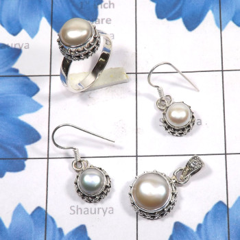 3 Pcs Pearl Set A - PPS997-925 Sterling Silver 3 Pcs Pearl Earring, Pendant, Ring Se