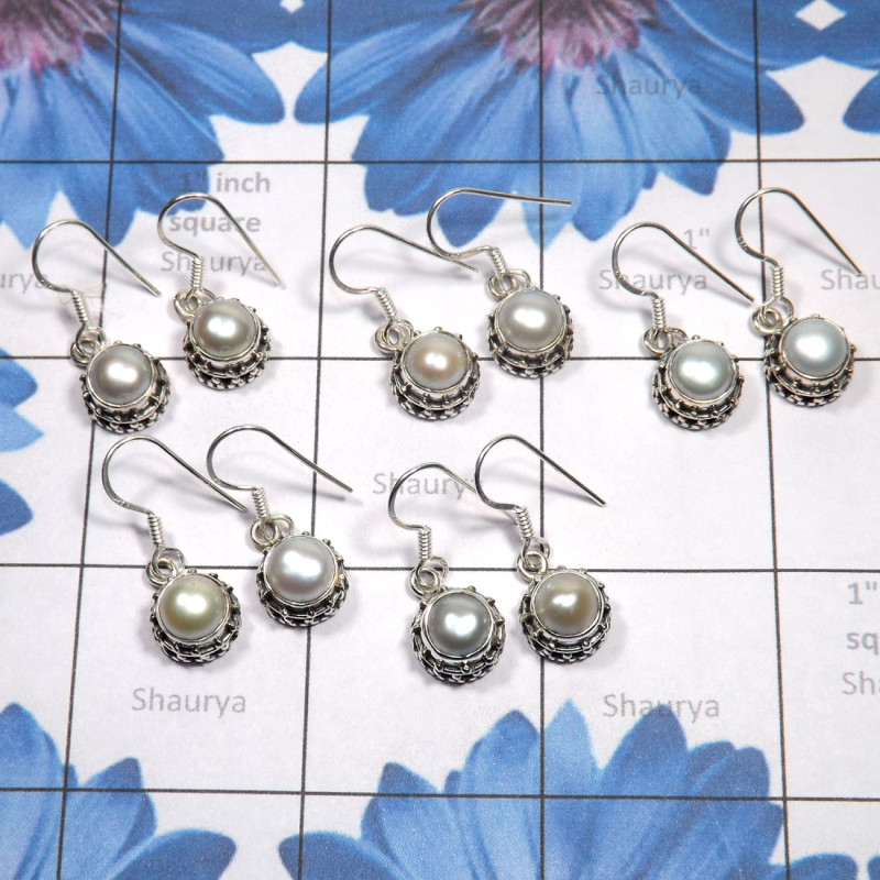 5 Pair Pearl A - PPE990-5 Pair Pearl Gemstone 925 Sterling Silver Earring Handmad