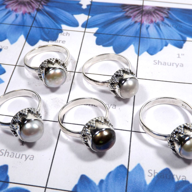 5 Pcs Pearl A - PPR993-Pure 925 Silver 5 Pcs Pearl Ring Lot