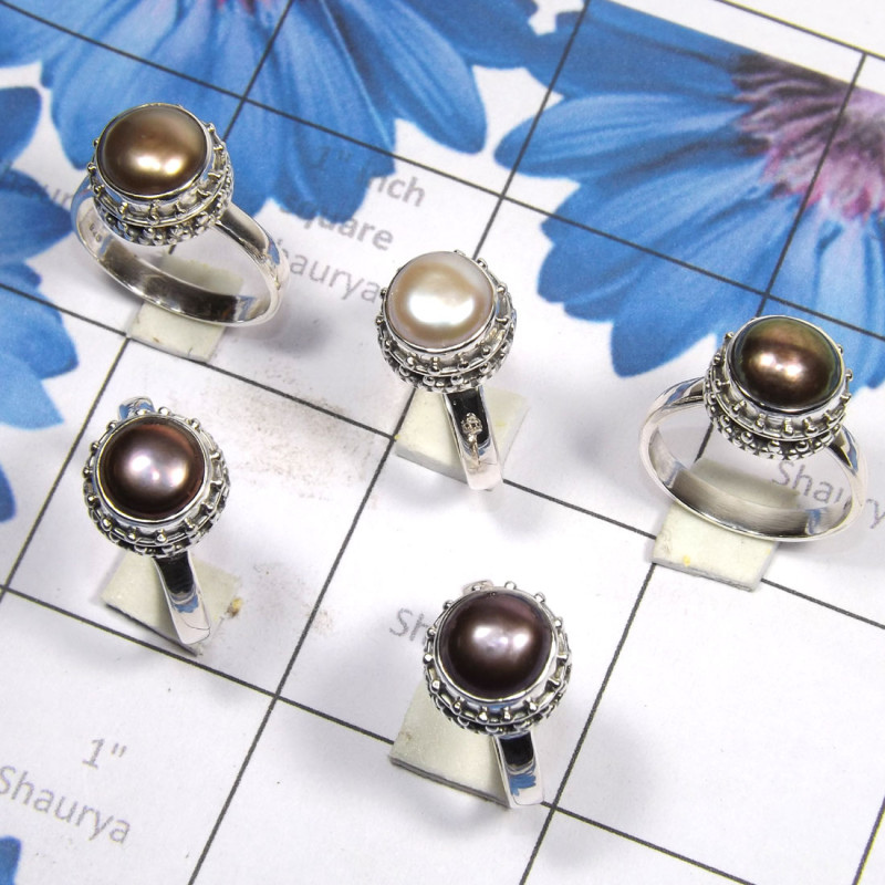 5 Pcs Pearl B - PPR993-Pure 925 Silver 5 Pcs Pearl Ring Lot