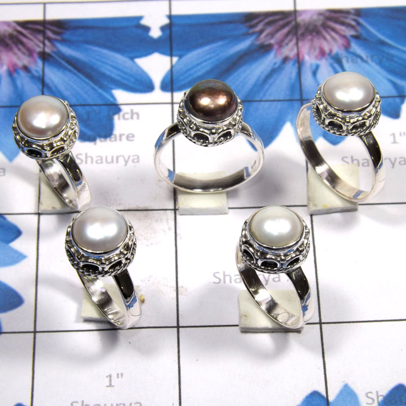 5 Pcs Pearl C - PPR993-Pure 925 Silver 5 Pcs Pearl Ring Lot