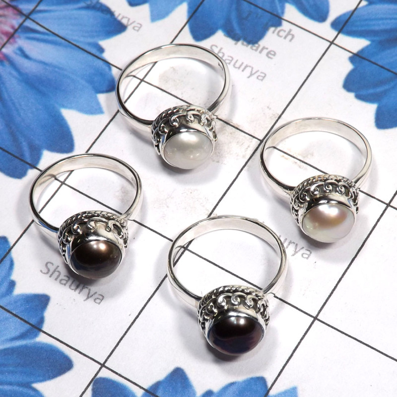 4 Pcs Pearl D - PPR993-Pure 925 Silver 5 Pcs Pearl Ring Lot