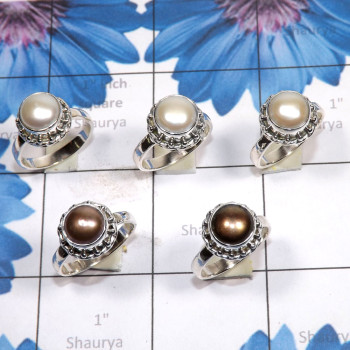5 Pcs Pearl O - PPR993-Pure 925 Silver 5 Pcs Pearl Ring Lot