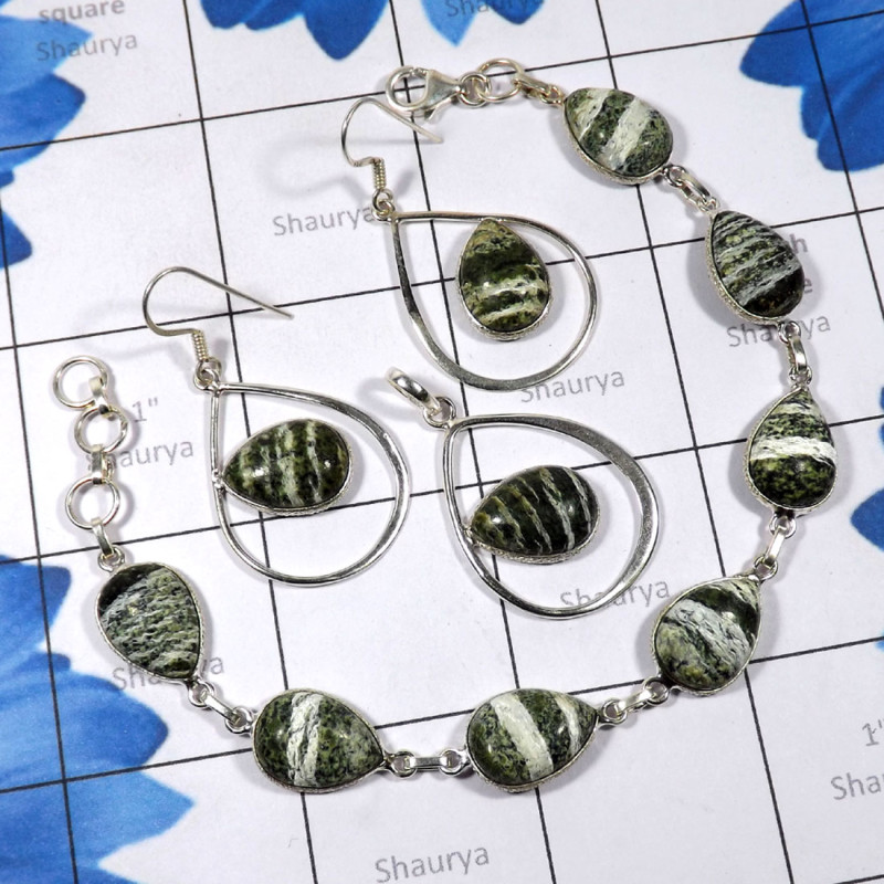 3 Pcs Seraphinite Set O - SBP921-Seraphinite Bracelet Earring Pendant Bejal Set 925 Sterli