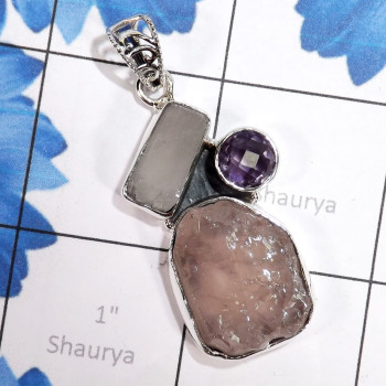 Amethyst Cut & Rose Quartz Rough B - FSP973-Miraculous Pendants of Natural Amethyst & Rose Quartz Rou