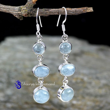 AQUA MORGONITE G - SPE907- FABULOUS DESIGNER THREE STONE PRETTY EARRINGS MADE IN 92