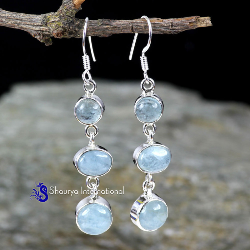 AQUA MORGONITE G - SPE907- FABULOUS DESIGNER THREE STONE PRETTY EARRINGS MADE IN 92