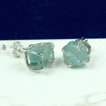 Aquamarine Rough C - SSE889- NATURAL DRUZY & ROUGH GEMSTONE PRONG & PLAIN SETTING EAR