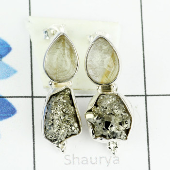 PYRITE DRUZY & GOLDEN RUTAIL C - SSE885- AMAZING DESIGNER OF NATURAL TWO GEMSTONE STUD EARRINGS M