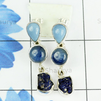 AZURITE DRUZY & BLUE OPAL & KYNITE H - SSE884- LOVELY DESIGNER NATURAL THREE GEMSTONE EARRINGS MADE IN