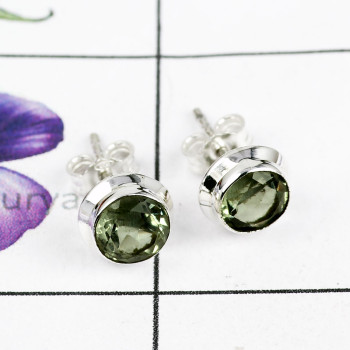 GREEN AMETHYST CUT H - BLE989-NATURAL GEMSTONE PLAIN STUD EARRINGS MADE IN 925 STERLING