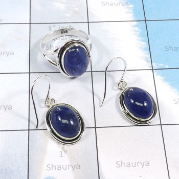 2Pcs Tanzanite Cab A - CBS978-Wholesale 2 Pcs Multi Cab Stone Ring & Earring Set With 9