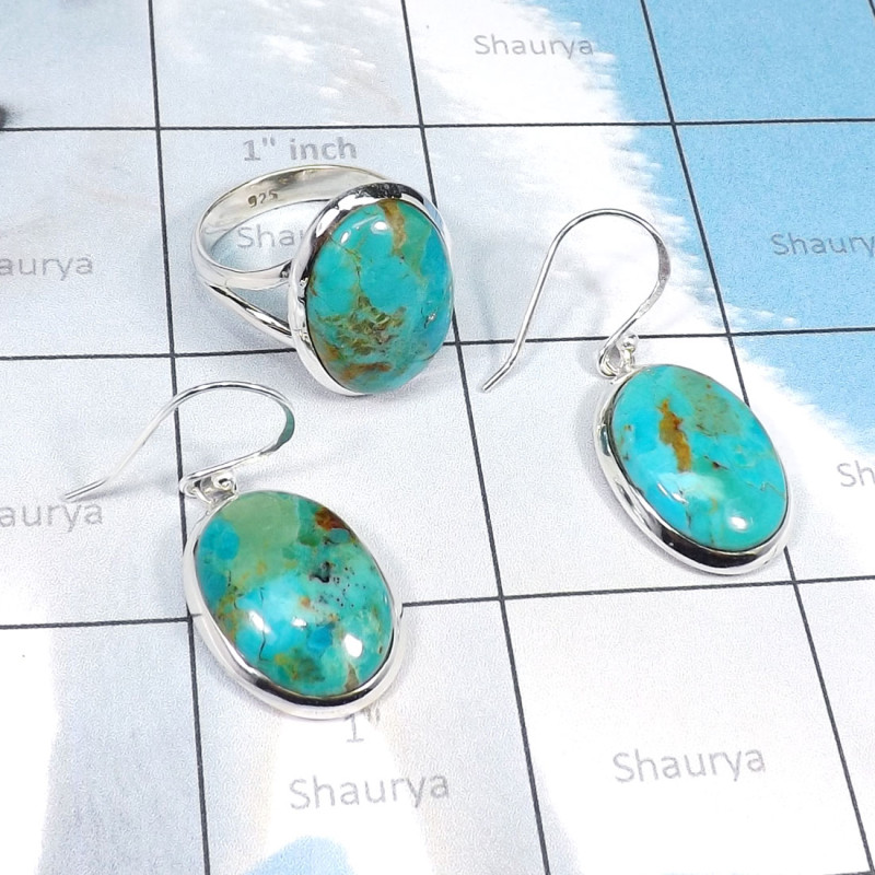 2Pcs Blue Turquoise A - CBS976-Beautiful Ring Earring Wholesale 2Pcs Set of Multi Cab Ge