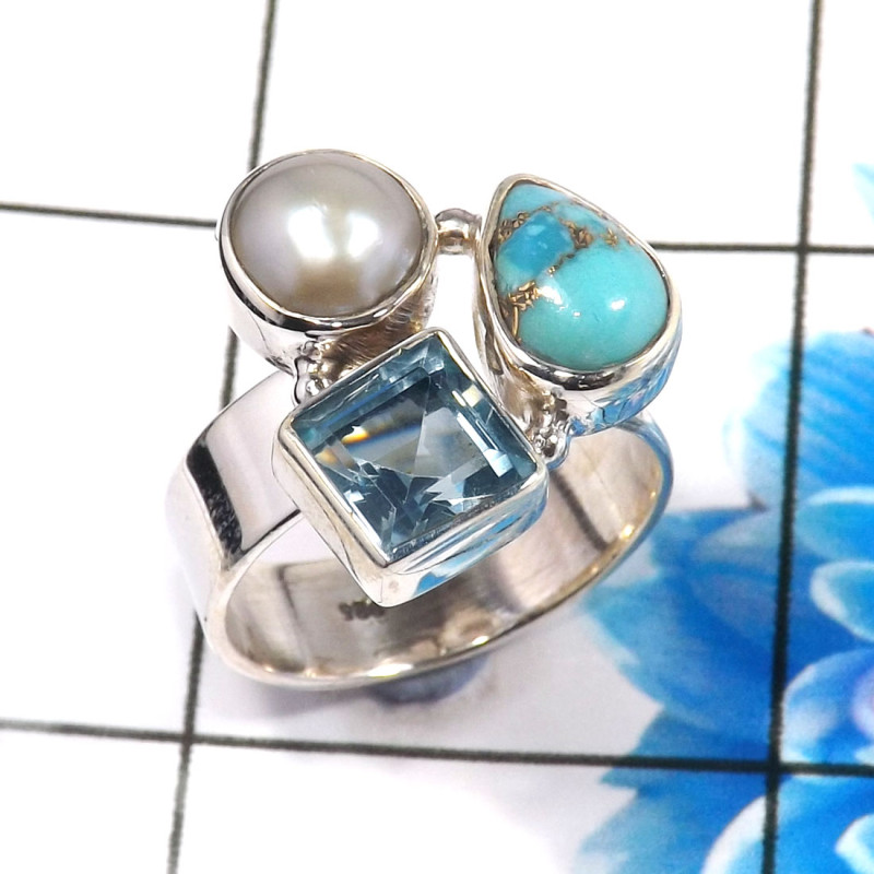 Blue Copper Turquoise,Pearl & Blue Topaz O - CLR944-Trendy Three Stones 925 Sterling Silver Cluster Rings Par