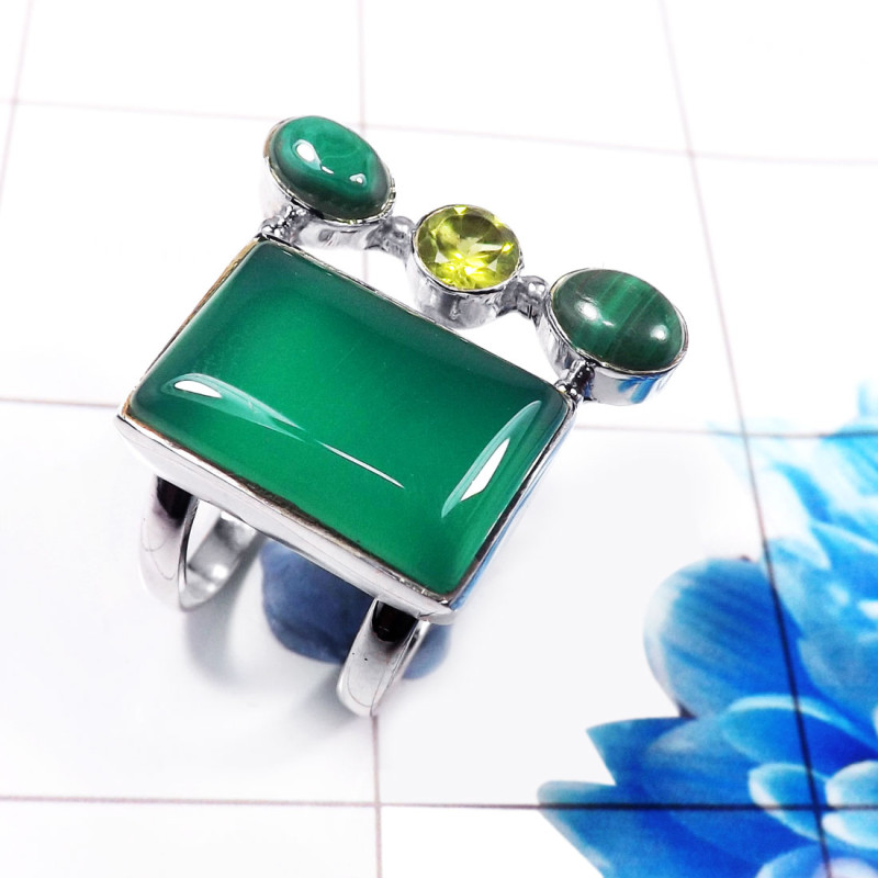 Green Onyx & Peridot I - CLR942-Unique Indian Factory Made 925 Sterling Silver Cluster Ri