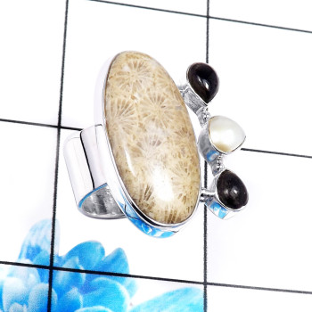 Fossil Coral & Pearl B - CLR939-Amazing Factory Made 925 Sterling Silver Designer Rings