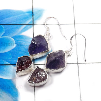 Amethyst & Garnet E - XSE943-Stunning 925 Sterling Silver Handmade Rough Stone Earring