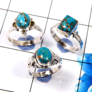 Blue Copper Turquoise O - WHS982-Stunning 3 Pcs Designer Rings For Christmas Special 925 S