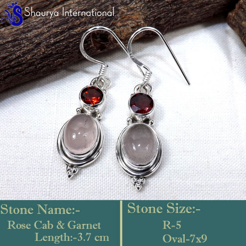 Garnet Cut &Rose Cab D - SDE754-Stylish Two Stone Handmade Designer Earrings  925 Sterlin