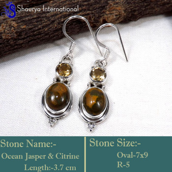 Citrine Cut & Ocean Jasper E - SDE754-Stylish Two Stone Handmade Designer Earrings  925 Sterlin