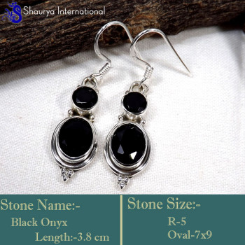 Black Onyx Cut O - SDE752-Natural Faceted Cut Gemstone Designer Earrings 925 Sterli