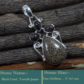 Black Coral & Turtella Jasper Cab D - SD601-Cab Gemstone Solid 925 Sterling Silver Designer Pendant