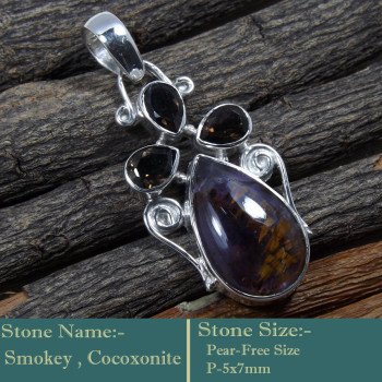 Cacoxenite & Smokey Cut C - SD600-Cut Gemstone Solid 925 Sterling Silver Designer Pendant Wh