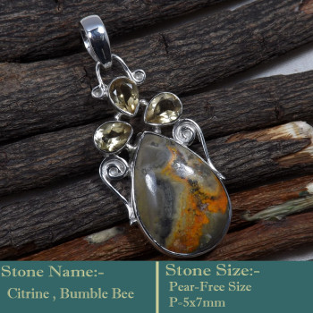 Bumble Bee & Citrine Cut K - SD600-Cut Gemstone Solid 925 Sterling Silver Designer Pendant Wh