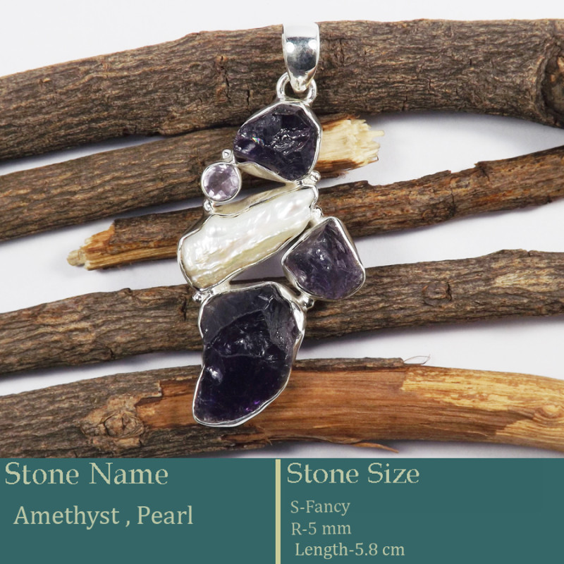 Amethyst Rough & Pearl G - RPP976-Latest New Rough Gemstone Pendant 925 Silver Wholesale