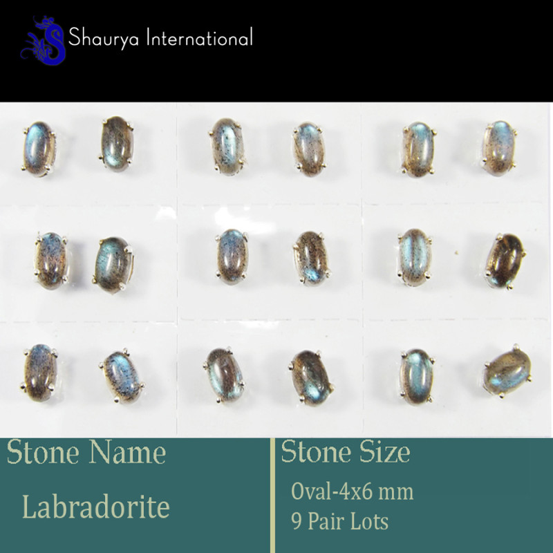 9 Pair Labradorite Cab B - SSE851-4x6mm Oval 9 Pair Lots Stud Earrings Cab Gemstone 925 Sil