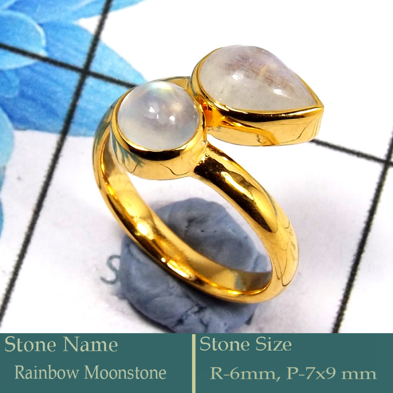 Rainbow Moonstone Cab G - CMJ851-Pretty Look 925 Silver 18K Gold Plated Ring Rainbow Moons
