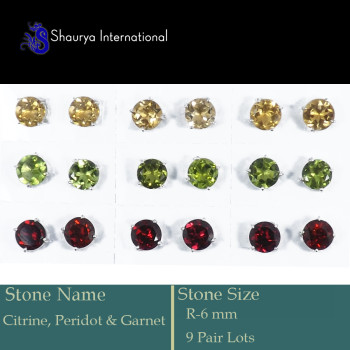 9 Pair 6mm Citrine, Peridot & Garnet Cut D - SSE848-9 Pair 6 & 5 mm 925 Silver Stud Earrings Cut Gemstone Who