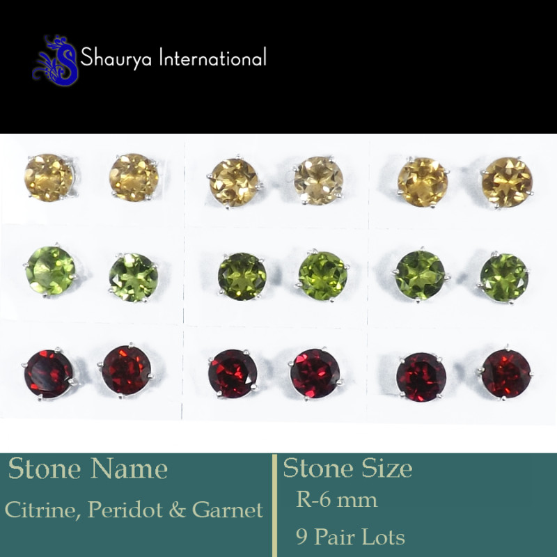 9 Pair 6mm Citrine, Peridot & Garnet Cut D - SSE848-9 Pair 6 & 5 mm 925 Silver Stud Earrings Cut Gemstone Who