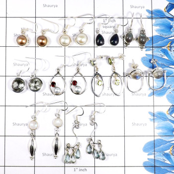 10 Pairs Mix Cab & Cut Gemstone A - BDA931-10 Pairs 925 Silver Earrings Lots Mix Cut & Cab Gemstone